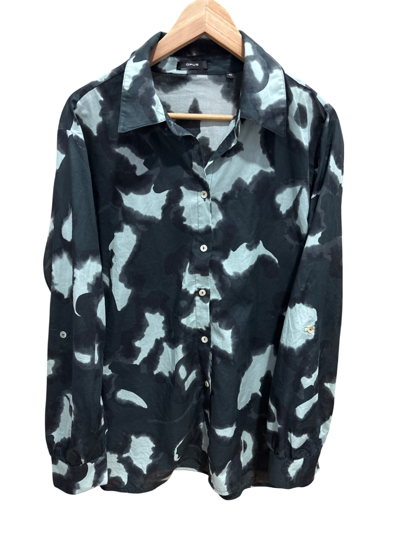 OPUS Bluse L Schwarz, Petrol, Weiß Muster