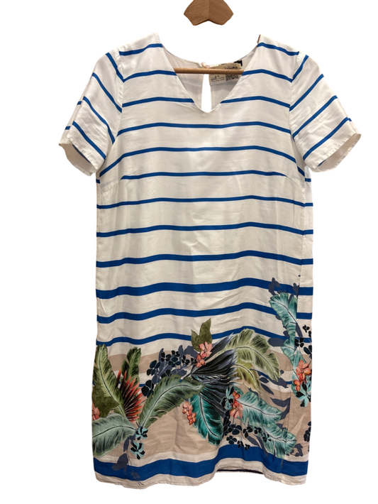MoreMore Kleid M Weiß und Blau mit buntem Pflanzenmuster