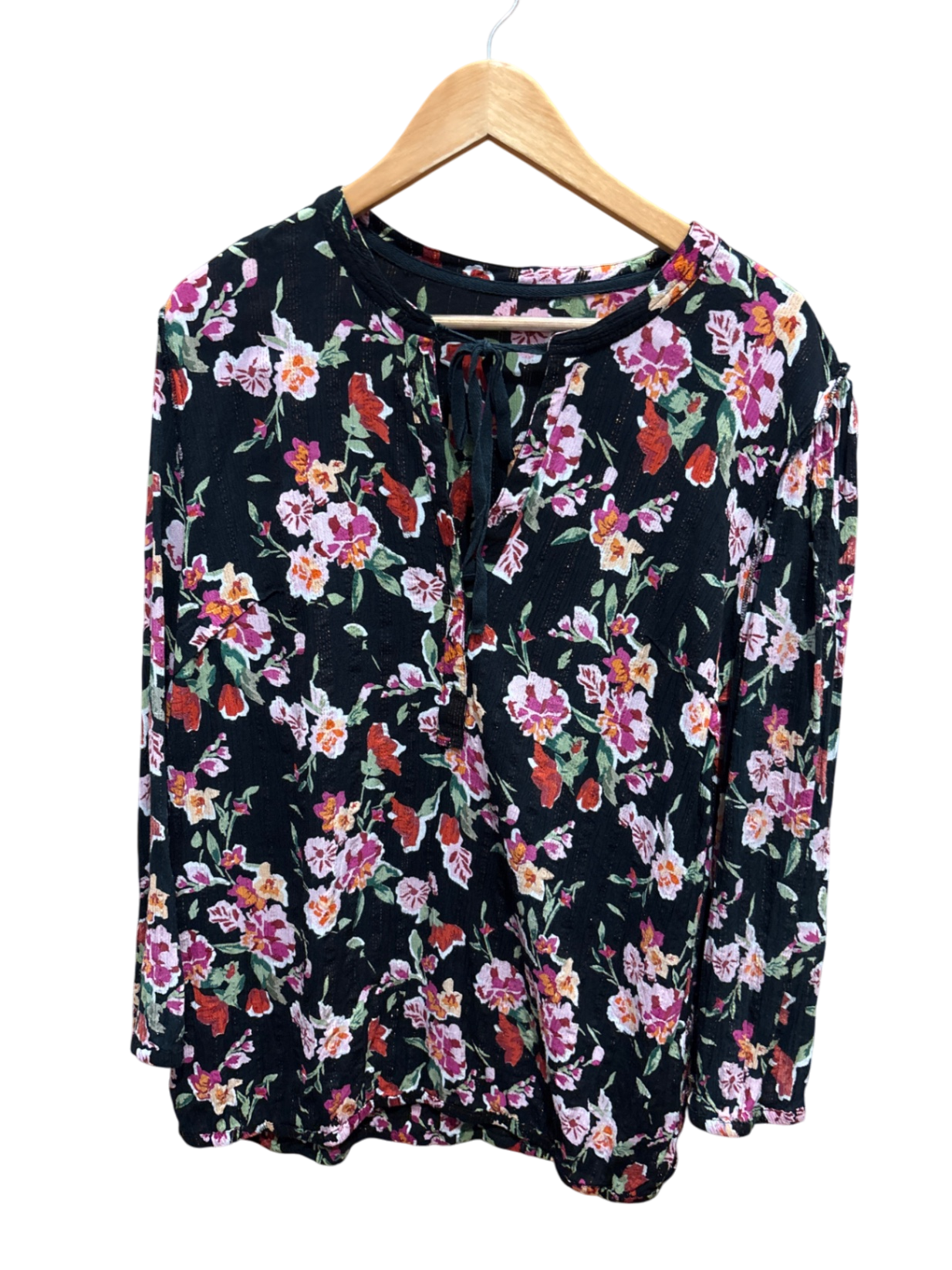 Bluse L Schwarz mit rosa, orange, und grünen Blumenmuster