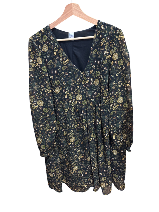 Kleid M Dunkelblau, Gold, Grün Muster