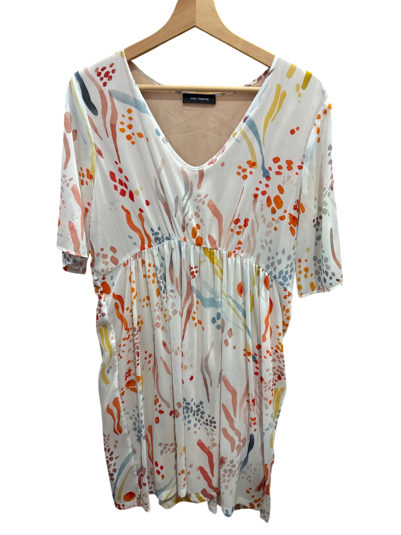 CopCopine Kleid M Weiß mit bunten Mustern in Orange, Gelb, Blau und Grau