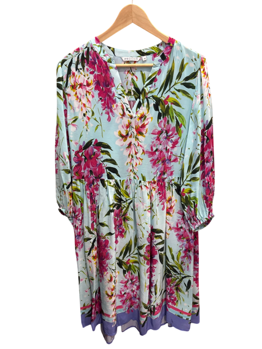 Kleid Hellblau, Pink Blumen M