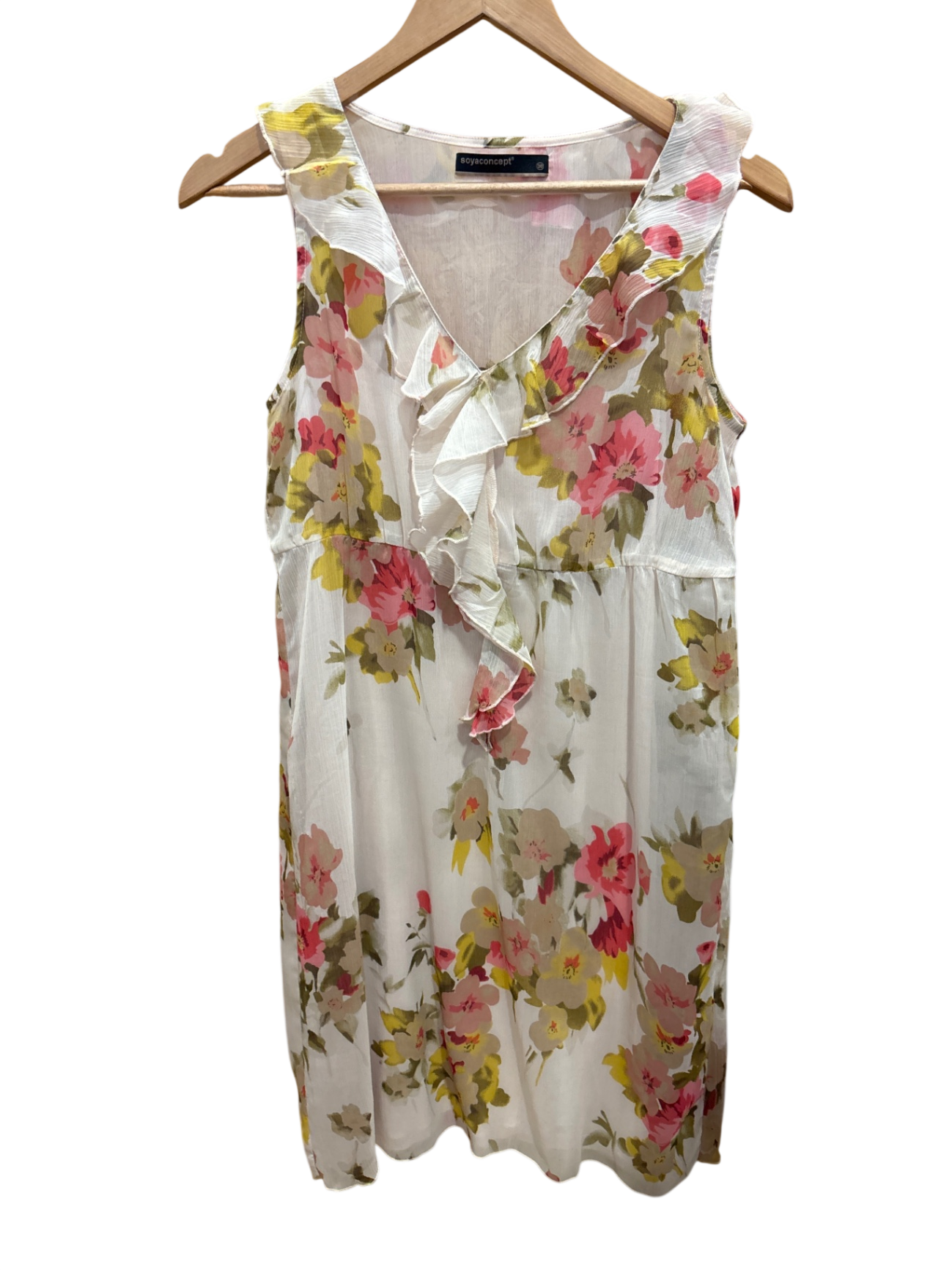 Kleid Weiß mit Floral-Design in Pink, Grün, Beige und Gelb M - soyacondept