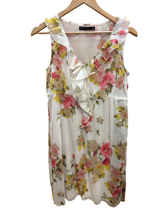 Kleid Weiß mit Floral-Design in Pink, Grün, Beige und Gelb M - soyacondept