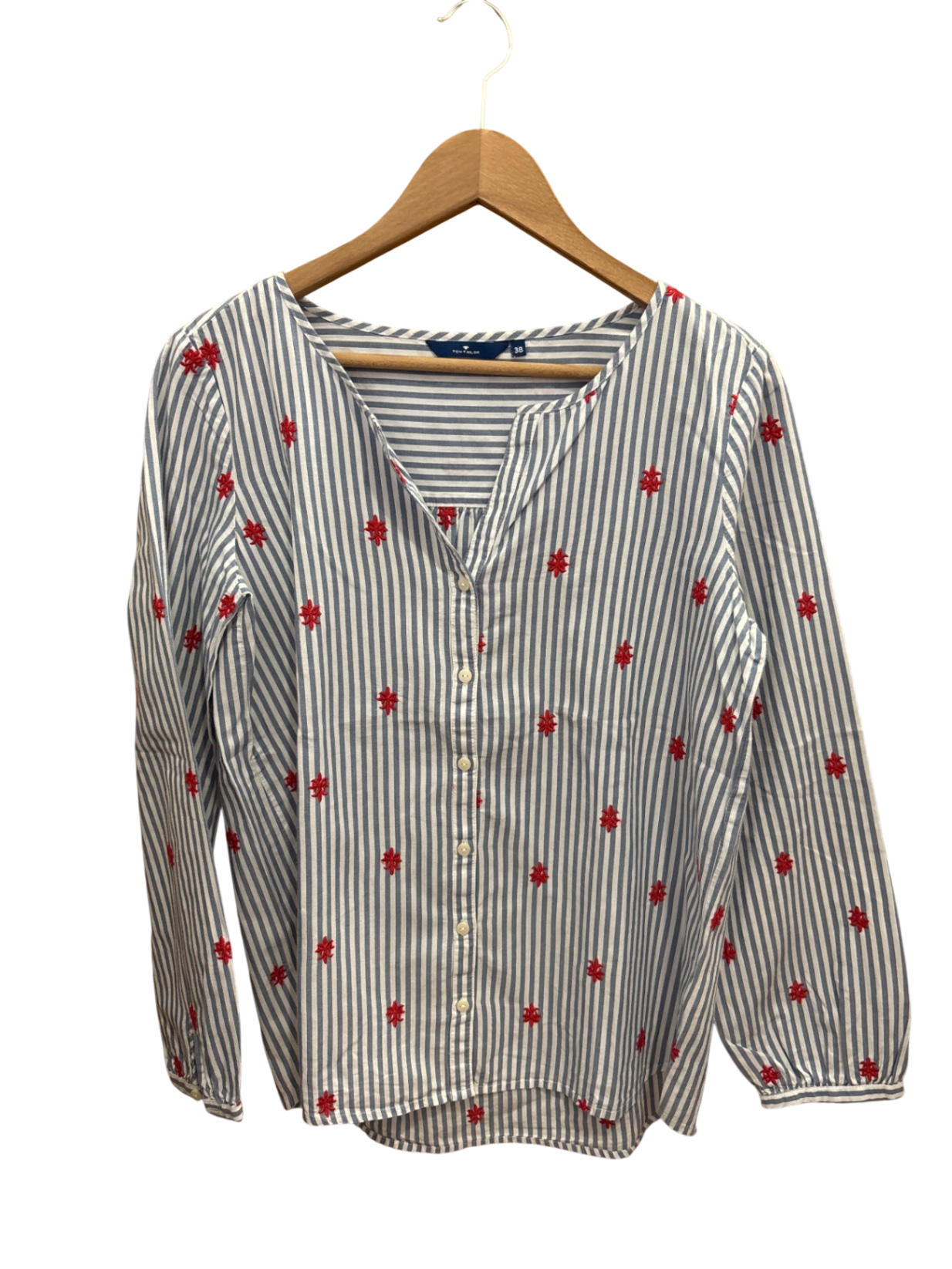 Bluse Weiß mit blauen Streifen und roten Blumen M - TomTailor
