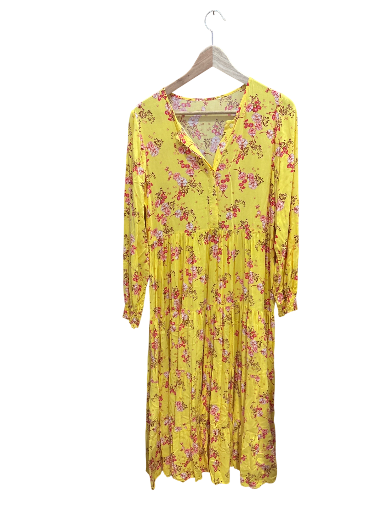 Kleid Gelb mit pinken und roten Blumenmustern L - Unbekannt
