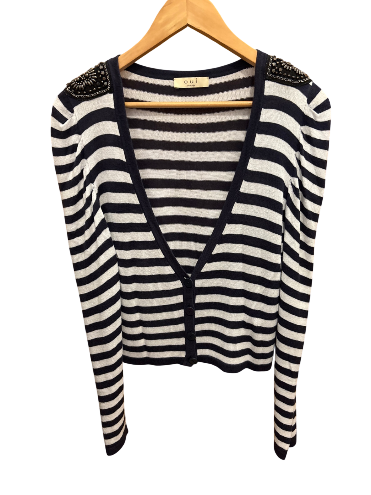 Strickjacke Marineblau, Weiß Streifen L - oui