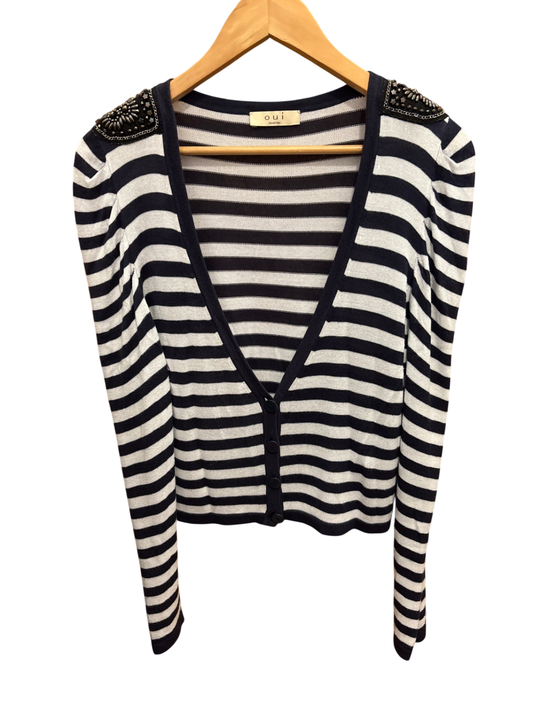 Strickjacke Marineblau, Weiß Streifen L - oui