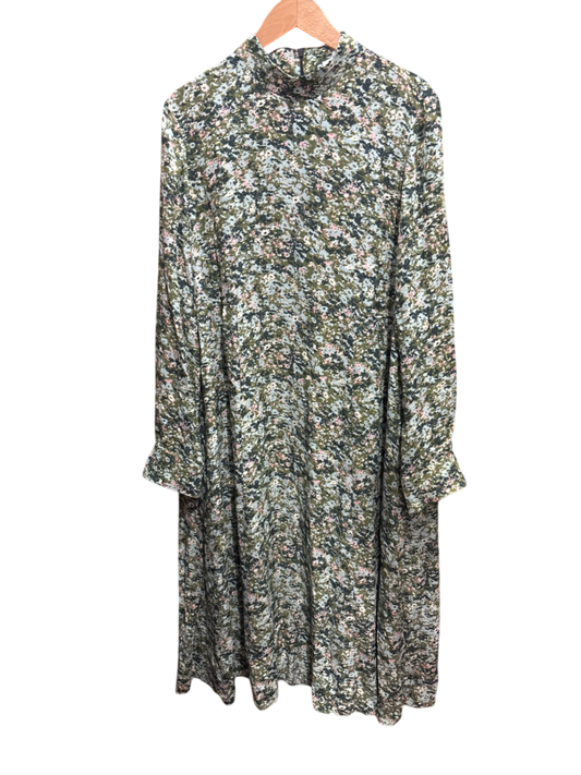 Kleid Olivgrün mit cremeweißen und rosafarbenen Blüten L - MarcoPolo